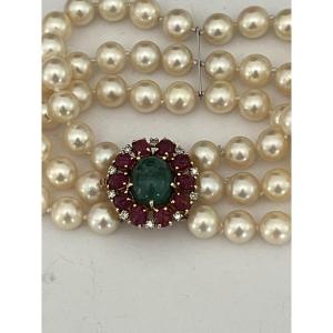6810- Bracelet 3 Rangs Perles Akoya Fermoir Emeraude Rubis