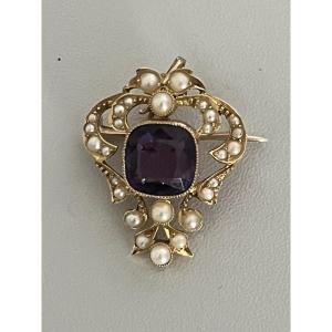 6899- Antique Yellow Gold Amethyst Akoya Pearl Pendant