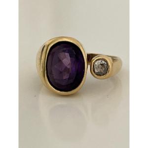 6961- Yellow Gold Amethyst Diamond Designer Ring