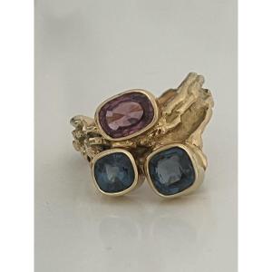 6972- Bague de Créateur Or Jaune Topazes Années 1970