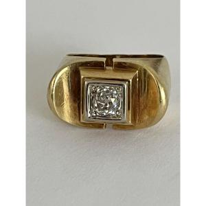 7018- Tank Ring Yellow Gold Platinum Diamond