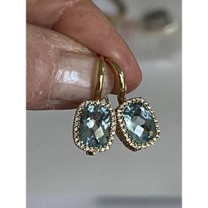 6919- Yellow Gold Topaz And Diamond Sleeper Earrings