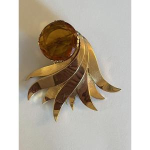 3754- Importante Broche Soleil Or Jaune Citrine