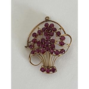 7006- Broche Pendentif Vintage Panier de Fleurs Or Jaune Rubis