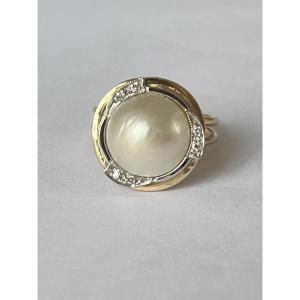 7072- Bague Or Jaune Demi-Perle Akoya Diamants