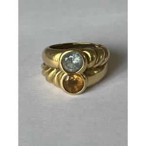 7074- Bague Vintage Double Jonc Or Jaune Citrine Topaze