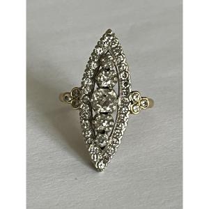 4128 - Marquise Ring In Yellow And Grey Gold With Diamonds (0.45 Ct In The Center)