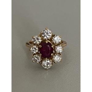 1006- Bague Fleur Or Jaune Rubis Diamants (1,50 ct)