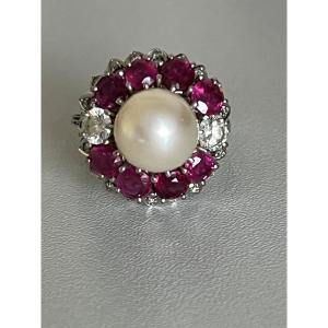 7105 - Vintage Ring In White Gold With Pearl, Ruby, And Diamonds