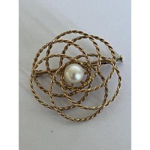 7276a - Vintage Brooch, Yellow Gold Thread, Akoya Pearl
