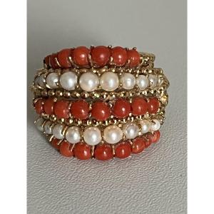 7191- Bague Vintage Or Jaune Corail Perles Akoya
