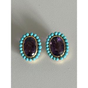 5088- Boucles d'Oreilles Vintage Améthystes Turquoises