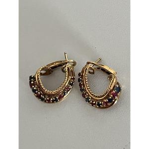 6122- Boucles d'Oreilles Vintage Or Jaune Rubis Saphirs