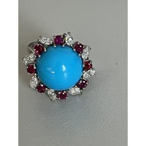 7286 - Vintage Platinum, Turquoise, Ruby, And Diamond Ring
