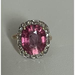 7220 - Antique Ring In Yellow And Grey Gold With A 5.60 Ct Tourmaline And Diamonds