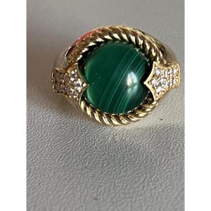 5090- Bague Vintage Or Jaune Malachite Diamants