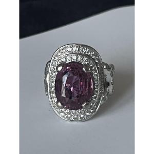 7163- Bague Vintage Or Gris Saphir Rose 4,70 ct Diamants