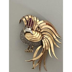 7197 - Broche Vintage Oiseau de Paradis Or Jaune Diamants Rubis