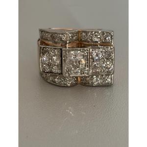 7385 - Bague Tank Or Jaune Platine Diamants (0,70 ct au centre)