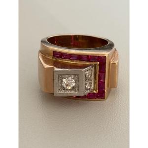 7393 - Bague Tank Or Jaune et Gris Rubis Diamants