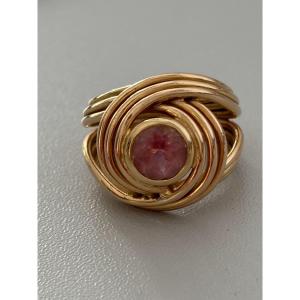 7445 - Bague Vintage Fils d'Or Jaune Tourmaline Rose