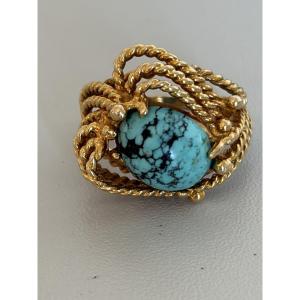 7498 - Bague Vintage Or Jaune Tressé Turquoise