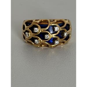 7526 - Faberge Band Ring Yellow Gold Diamonds Enamel