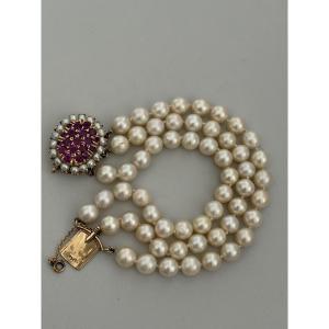 7583 - Bracelet 3 Rangs Perles Akoya Fermori Or Jaune Rubis Naturels