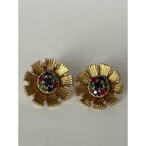 6310 - Boucles d'Oreilles Fleurs Vintage Or Jaune Pierres Précieuses