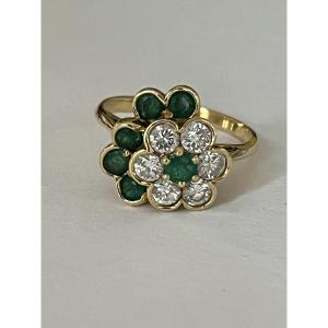 6643A - Bague Vintage Fleur Or Jaune Emeraudes Diamants