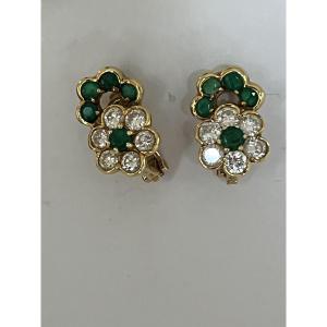 6643B - Boucles d'Oreilles Vintage Fleurs Or Jaune Emeraudes Diamants