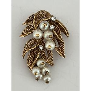 6812 - Yellow Gold And Grey Pearl Vintage Foliage Brooch