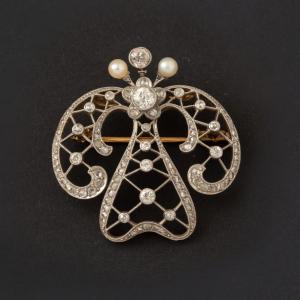 6873 - Broche Ancienne Platine Diamants Perles Fines