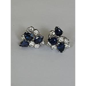 6876 - Boucles d'Oreilles Vintage Or Gris Platine Saphirs Diamants