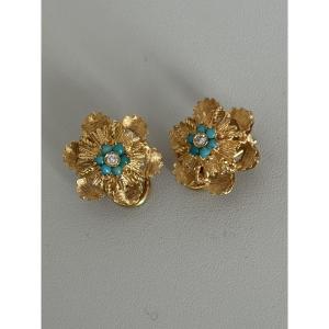 7487 - Boucles d'Oreilles Vintage Or Jaune Diamants Turquoises