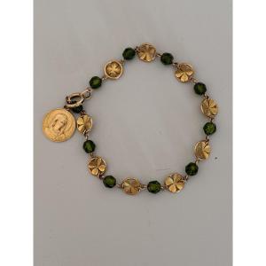 7520 - Bracelet Chapelet Or Jaune Perles Vertes Médaille Vierge