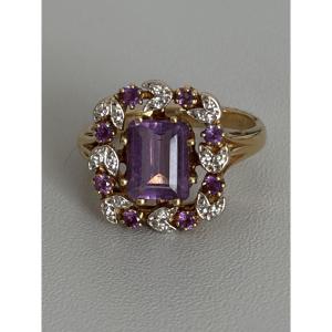7542 - Bague Or Jaune et Gris Améthystes Diamants