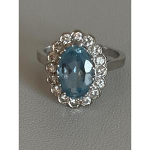 7553 - Bague Or Gris Platine Aigue-Marine Diamants