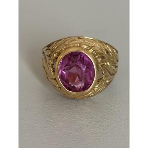 7563 - Bague Chevalière Vintage Or Jaune Pierre Rose