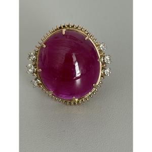 7574 - Bague Vintage Or Jaune Rubis Birman Cabochon Diamants