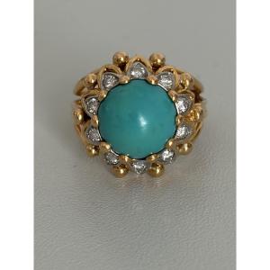 7602 - Vintage Dome Ring Yellow Gold Turquoise Diamonds