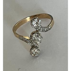 2713 - Bague Ancienne Vous & Moi Or Jaune et Gris Diamants