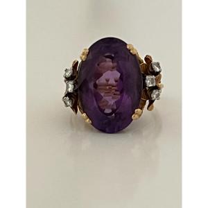 6954b - Important Vintage Ring Yellow Gold Amethyst 10.00 Ct Diamonds