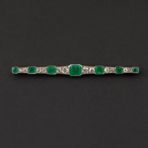 7300- Broche Barrette Ancienne Platine Diamants Emeraudes