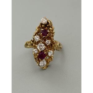 7635- Ruby Diamonds Textured Yellow Gold Modernist Ring