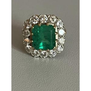 5048- Bague Platine Or Jaune Emeraude Colombie 4,50 ct Diamants