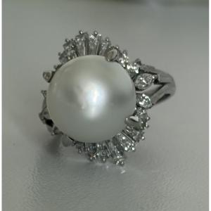 7653- Bague Jupe Platine Perle Pinctada Maxima Diamants