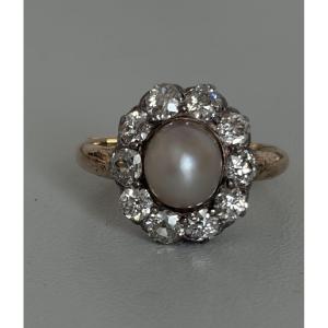 7675- Bague Vintage Or Rose Perle Diamants