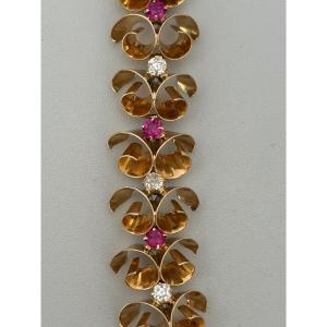 7607- Bracelet Ruban Or Jaune Diamants Pierres Rouges