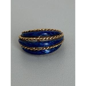 7873 - Vintage Yellow Gold Twisted Ring With Blue Enamel